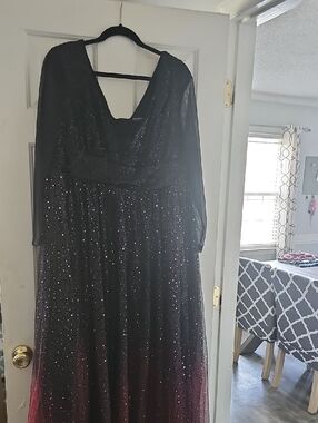 Long Sleeve Ombre Sequin Evening Gown in Black and Deep Purple